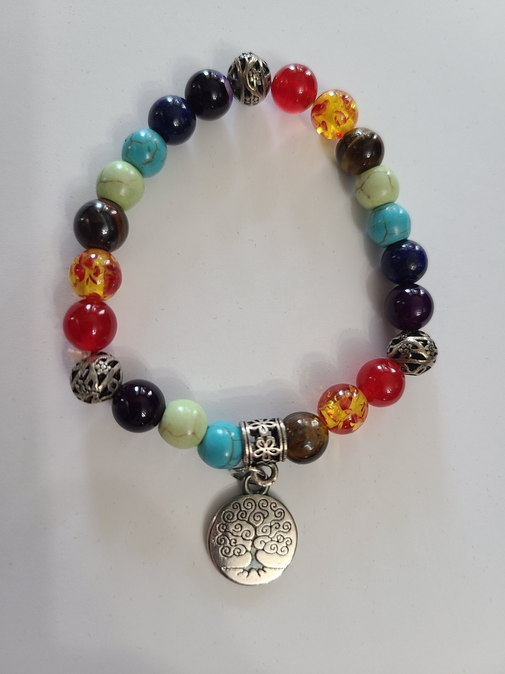 Tree of Life Multicolor Beaded Womens Stretch Bracelet with Silver Charm